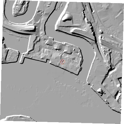 Shaded relief map of the ground around E140XR, computed from Environment Agency LiDAR. The ground here sits at about 5 m above sea level and falls 18 m across the surrounding 800 m. Surface water reaching this point runs off ground lying to the north-east, 4.2 m higher.