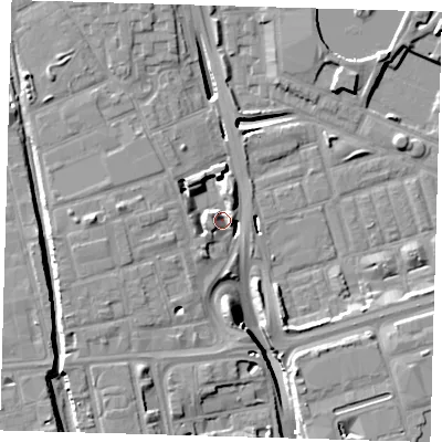 Shaded relief map of the ground around E140XU, computed from Environment Agency LiDAR. The ground here sits at about 3 m above sea level and falls 12 m across the surrounding 800 m. Surface water reaching this point runs off ground lying to the west, 5.5 m higher.