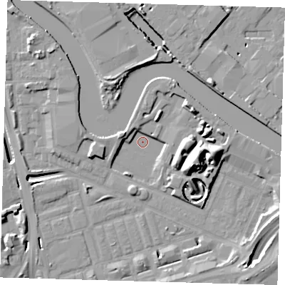 Shaded relief map of the ground around E140XW, computed from Environment Agency LiDAR. The ground here sits at about 1 m above sea level and falls 17 m across the surrounding 800 m. Surface water reaching this point runs off ground lying to the south-west, 9.9 m higher.