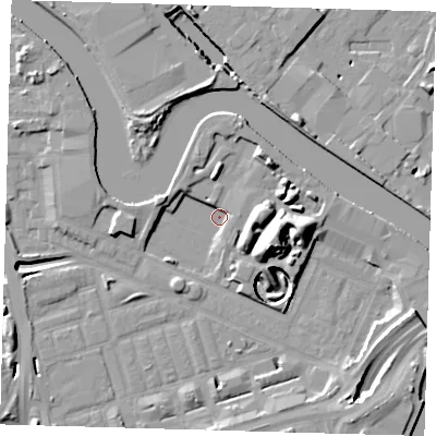 Shaded relief map of the ground around E140XX, computed from Environment Agency LiDAR. The ground here sits at about 1 m above sea level and falls 17 m across the surrounding 800 m. Surface water reaching this point runs off ground lying to the east-south-east, 16.4 m higher.