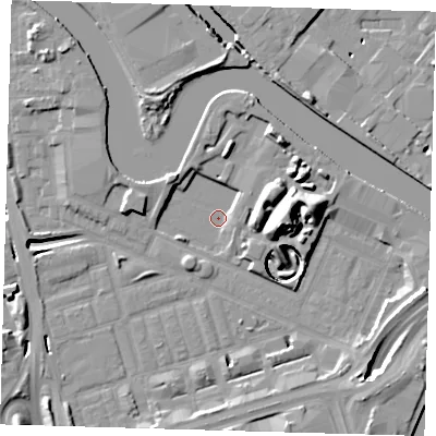 Shaded relief map of the ground around E140XY, computed from Environment Agency LiDAR. The ground here sits at about 1 m above sea level and falls 17 m across the surrounding 800 m. Surface water reaching this point runs off ground lying to the east, 16.4 m higher.
