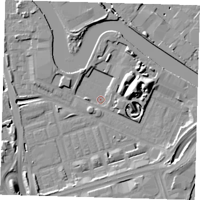 Shaded relief map of the ground around E140XZ, computed from Environment Agency LiDAR. The ground here sits at about 1 m above sea level and falls 17 m across the surrounding 800 m. Surface water reaching this point runs off ground lying to the east-north-east, 16.9 m higher.