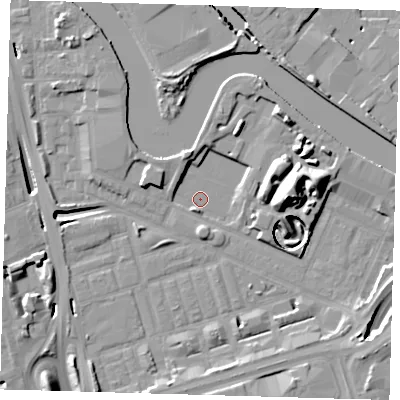 Shaded relief map of the ground around E140YB, computed from Environment Agency LiDAR. The ground here sits at about 1 m above sea level and falls 17 m across the surrounding 800 m. Surface water reaching this point runs off ground lying to the south, 3.1 m higher.