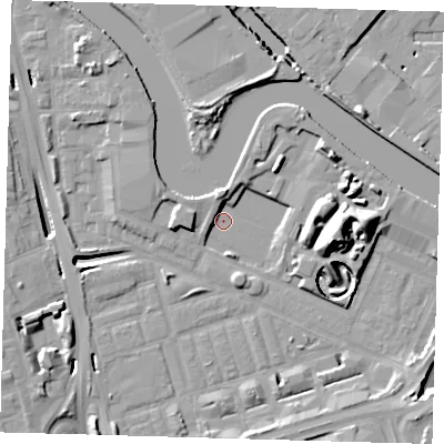 Shaded relief map of the ground around E140YD, computed from Environment Agency LiDAR. The ground here sits at about 1 m above sea level and falls 17 m across the surrounding 800 m. Surface water reaching this point runs off ground lying to the north-west, 10.5 m higher.