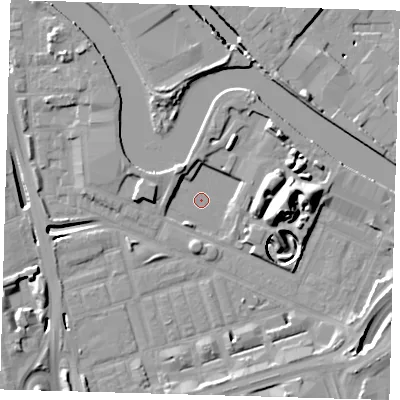 Shaded relief map of the ground around E140YE, computed from Environment Agency LiDAR. The ground here sits at about 1 m above sea level and falls 17 m across the surrounding 800 m. Surface water reaching this point runs off ground lying to the north-west, 10.5 m higher.