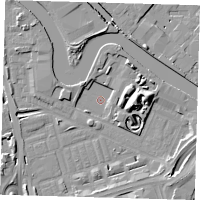 Shaded relief map of the ground around E140YF, computed from Environment Agency LiDAR. The ground here sits at about 1 m above sea level and falls 17 m across the surrounding 800 m. Surface water reaching this point runs off ground lying to the south-south-west, 3.1 m higher.