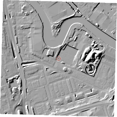 Shaded relief map of the ground around E140YH, computed from Environment Agency LiDAR. The ground here sits at about 1 m above sea level and falls 17 m across the surrounding 800 m. Surface water reaching this point runs off ground lying to the north-west, 10.5 m higher.