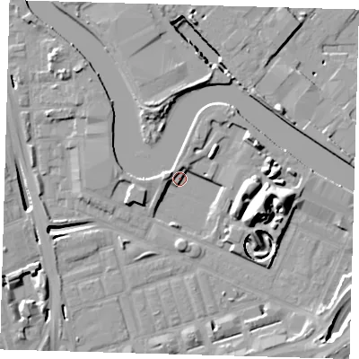 Shaded relief map of the ground around E140YW, computed from Environment Agency LiDAR. The ground here sits at about 3 m above sea level and falls 17 m across the surrounding 800 m. Surface water reaching this point runs off ground lying to the north-west, 10.5 m higher.