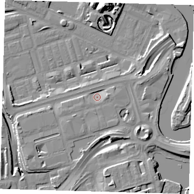 Shaded relief map of the ground around E142AA, computed from Environment Agency LiDAR. The ground here sits at about 4 m above sea level and falls 18 m across the surrounding 800 m. Surface water reaching this point runs off ground lying to the east, 3.1 m higher.