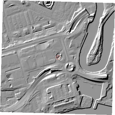 Shaded relief map of the ground around E142AE, computed from Environment Agency LiDAR. The ground here sits at about 4 m above sea level and falls 17 m across the surrounding 800 m. Surface water reaching this point runs off ground lying to the south-west, 5.2 m higher.