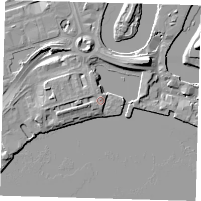 Shaded relief map of the ground around E142DF, computed from Environment Agency LiDAR. The ground here sits at about 8 m above sea level and falls 15 m across the surrounding 800 m. Surface water reaching this point runs off ground lying to the west, 4.8 m higher.