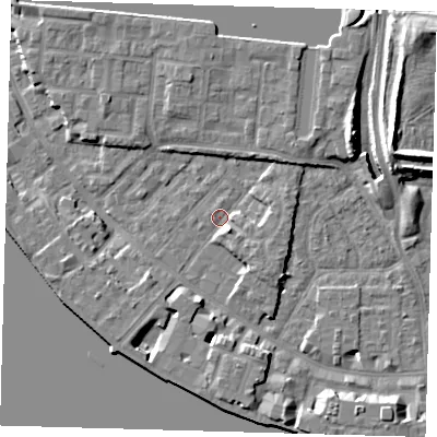 Shaded relief map of the ground around E143AA, computed from Environment Agency LiDAR. The ground here sits at about 2 m above sea level and falls 13 m across the surrounding 800 m. Surface water reaching this point runs off ground lying to the south-east, 3.2 m higher.