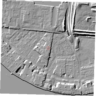 Shaded relief map of the ground around E143AB, computed from Environment Agency LiDAR. The ground here sits at about 5 m above sea level and falls 13 m across the surrounding 800 m. Surface water reaching this point runs off ground lying to the south, 0.6 m higher.