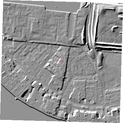 Shaded relief map of the ground around E143AD, computed from Environment Agency LiDAR. The ground here sits at about 4 m above sea level and falls 13 m across the surrounding 800 m. Surface water reaching this point runs off ground lying to the south, 0.7 m higher.