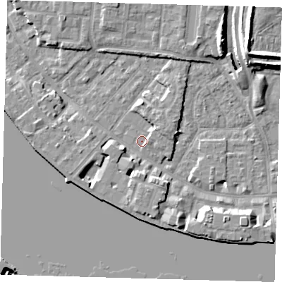 Shaded relief map of the ground around E143AE, computed from Environment Agency LiDAR. The ground here sits at about 2 m above sea level and falls 11 m across the surrounding 800 m. Surface water reaching this point runs off ground lying to the south-east, 1.2 m higher.