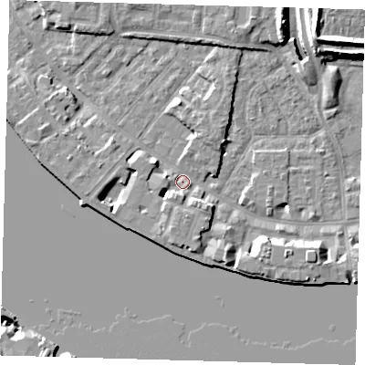 Shaded relief map of the ground around E143AG, computed from Environment Agency LiDAR. The ground here sits at about 3 m above sea level and falls 12 m across the surrounding 800 m. Surface water reaching this point runs off ground lying to the south-south-west, 4.2 m higher.