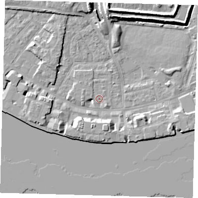 Shaded relief map of the ground around E143AH, computed from Environment Agency LiDAR. The ground here sits at about 2 m above sea level and falls 10 m across the surrounding 800 m. Surface water reaching this point runs off ground lying to the south-east, 1.7 m higher.