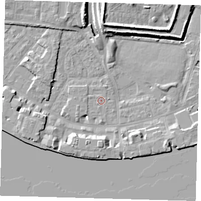 Shaded relief map of the ground around E143AJ, computed from Environment Agency LiDAR. The ground here sits at about 2 m above sea level and falls 10 m across the surrounding 800 m. Surface water reaching this point runs off ground lying to the west, 0.9 m higher.