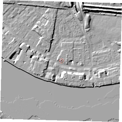Shaded relief map of the ground around E143AN, computed from Environment Agency LiDAR. The ground here sits at about 3 m above sea level and falls 10 m across the surrounding 800 m. Surface water reaching this point runs off ground lying to the south-south-west, 6.8 m higher.