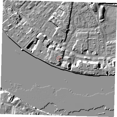 Shaded relief map of the ground around E143AP, computed from Environment Agency LiDAR. The ground here sits at about 6 m above sea level and falls 8 m across the surrounding 800 m. Surface water reaching this point runs off ground lying to the south-east, 2.4 m higher.