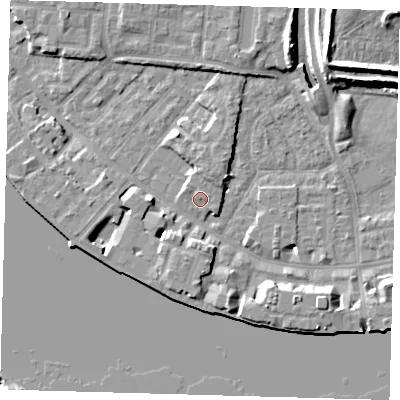 Shaded relief map of the ground around E143AQ, computed from Environment Agency LiDAR. The ground here sits at about 4 m above sea level and falls 11 m across the surrounding 800 m. Surface water reaching this point runs off ground lying to the north-north-east, 2.2 m higher.
