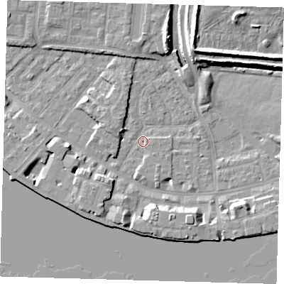 Shaded relief map of the ground around E143AS, computed from Environment Agency LiDAR. The ground here sits at about 2 m above sea level and falls 11 m across the surrounding 800 m. Surface water reaching this point runs off ground lying to the south-south-west, 6.8 m higher.