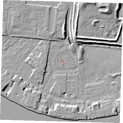 Shaded relief map of the ground around E143AU, computed from Environment Agency LiDAR. The ground here sits at about 2 m above sea level and falls 13 m across the surrounding 800 m. Surface water reaching this point runs off ground lying to the north-west, 1.0 m higher.