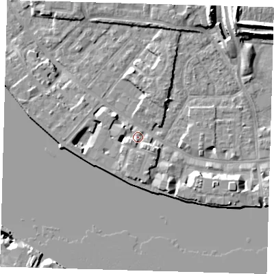 Shaded relief map of the ground around E143AW, computed from Environment Agency LiDAR. The ground here sits at about 4 m above sea level and falls 12 m across the surrounding 800 m. Surface water reaching this point runs off ground lying to the south-south-east, 4.0 m higher.