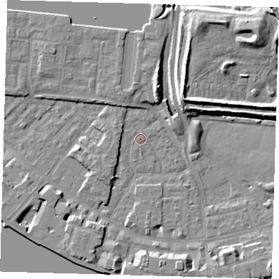 Shaded relief map of the ground around E143AX, computed from Environment Agency LiDAR. The ground here sits at about 3 m above sea level and falls 13 m across the surrounding 800 m. Surface water reaching this point runs off ground lying to the south, 0.6 m higher.
