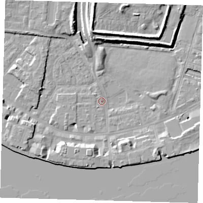 Shaded relief map of the ground around E143AY, computed from Environment Agency LiDAR. The ground here sits at about 2 m above sea level and falls 11 m across the surrounding 800 m. Surface water reaching this point runs off ground lying to the south-east, 5.7 m higher.