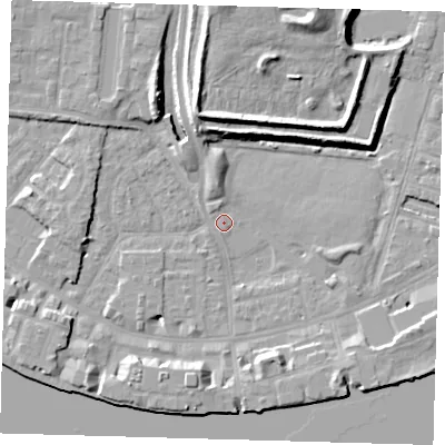 Shaded relief map of the ground around E143BA, computed from Environment Agency LiDAR. The ground here sits at about 2 m above sea level and falls 13 m across the surrounding 800 m. Surface water reaching this point runs off ground lying to the north, 10.6 m higher.