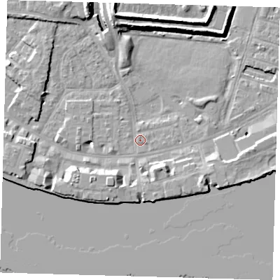Shaded relief map of the ground around E143BB, computed from Environment Agency LiDAR. The ground here sits at about 2 m above sea level and falls 10 m across the surrounding 800 m. Surface water reaching this point runs off ground lying to the west-north-west, 0.7 m higher.