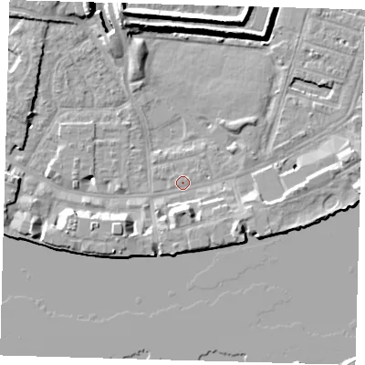 Shaded relief map of the ground around E143BD, computed from Environment Agency LiDAR. The ground here sits at about 2 m above sea level and falls 10 m across the surrounding 800 m. Surface water reaching this point runs off ground lying to the south-south-east, 4.0 m higher.