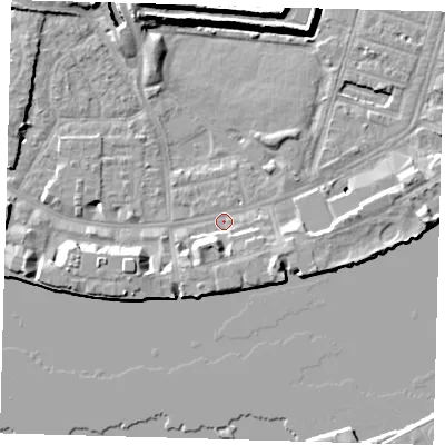 Shaded relief map of the ground around E143BE, computed from Environment Agency LiDAR. The ground here sits at about 2 m above sea level and falls 10 m across the surrounding 800 m. Surface water reaching this point runs off ground lying to the south-south-west, 4.0 m higher.
