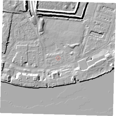 Shaded relief map of the ground around E143BG, computed from Environment Agency LiDAR. The ground here sits at about 2 m above sea level and falls 10 m across the surrounding 800 m. Surface water reaching this point runs off ground lying to the west, 0.7 m higher.