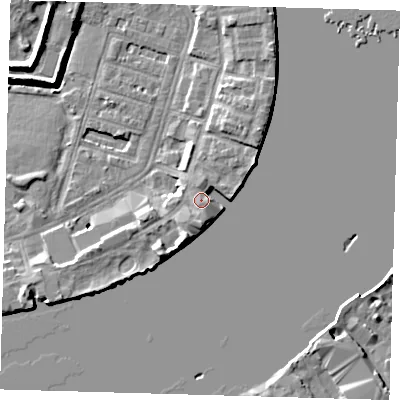 Shaded relief map of the ground around E143BJ, computed from Environment Agency LiDAR. The ground here sits at about 5 m above sea level and falls 9 m across the surrounding 800 m. Surface water reaching this point runs off ground lying to the south-south-west, 5.1 m higher.