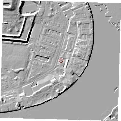 Shaded relief map of the ground around E143BN, computed from Environment Agency LiDAR. The ground here sits at about 2 m above sea level and falls 12 m across the surrounding 800 m. Surface water reaching this point runs off ground lying to the east, 5.1 m higher.