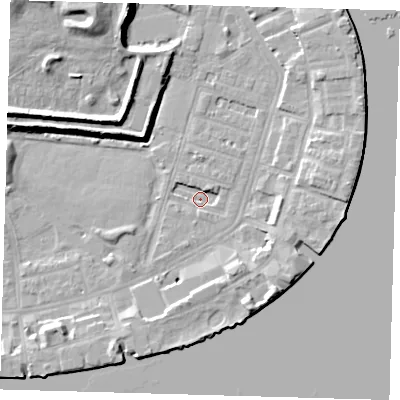 Shaded relief map of the ground around E143BP, computed from Environment Agency LiDAR. The ground here sits at about 1 m above sea level and falls 12 m across the surrounding 800 m. Surface water reaching this point runs off ground lying to the east, 6.4 m higher.