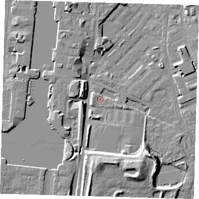 Shaded relief map of the ground around E143BQ, computed from Environment Agency LiDAR. The ground here sits at about 3 m above sea level and falls 12 m across the surrounding 800 m. Surface water reaching this point runs off ground lying to the west-south-west, 3.1 m higher.