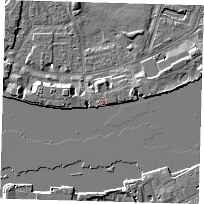 Shaded relief map of the ground around E143BS, computed from Environment Agency LiDAR. The ground here sits at about 5 m above sea level and falls 7 m across the surrounding 800 m. Surface water reaching this point runs off ground lying to the west, 3.7 m higher.