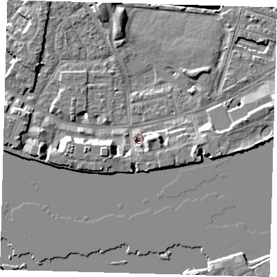 Shaded relief map of the ground around E143BU, computed from Environment Agency LiDAR. The ground here sits at about 3 m above sea level and falls 8 m across the surrounding 800 m. Surface water reaching this point runs off ground lying to the east, 2.9 m higher.