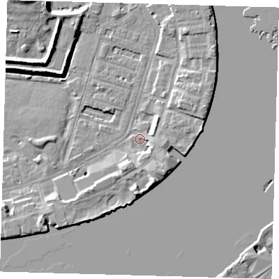 Shaded relief map of the ground around E143BW, computed from Environment Agency LiDAR. The ground here sits at about 2 m above sea level and falls 10 m across the surrounding 800 m. Surface water reaching this point runs off ground lying to the south-east, 3.0 m higher.