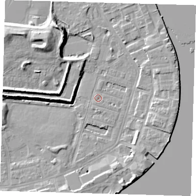 Shaded relief map of the ground around E143BX, computed from Environment Agency LiDAR. The ground here sits at about 2 m above sea level and falls 12 m across the surrounding 800 m. Surface water reaching this point runs off ground lying to the east-south-east, 1.4 m higher.