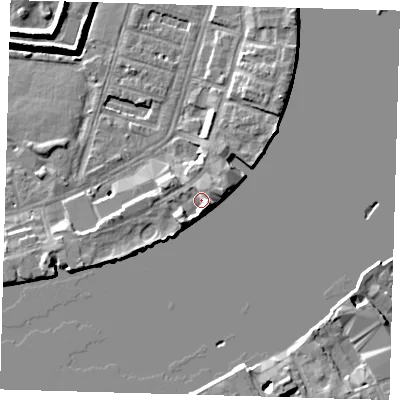 Shaded relief map of the ground around E143BY, computed from Environment Agency LiDAR. The ground here sits at about 5 m above sea level and falls 9 m across the surrounding 800 m. Surface water reaching this point runs off ground lying to the south-south-east, 3.3 m higher.