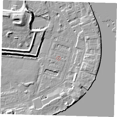 Shaded relief map of the ground around E143DA, computed from Environment Agency LiDAR. The ground here sits at about 2 m above sea level and falls 12 m across the surrounding 800 m. Surface water reaching this point runs off ground lying to the east-south-east, 0.9 m higher.