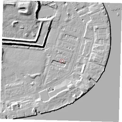 Shaded relief map of the ground around E143DB, computed from Environment Agency LiDAR. The ground here sits at about 3 m above sea level and falls 12 m across the surrounding 800 m. Surface water reaching this point runs off ground lying to the east, 6.4 m higher.