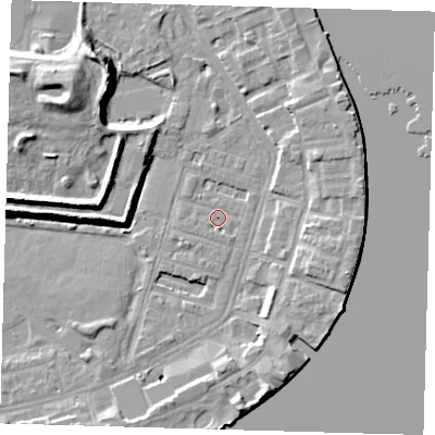 Shaded relief map of the ground around E143DD, computed from Environment Agency LiDAR. The ground here sits at about 2 m above sea level and falls 12 m across the surrounding 800 m. Surface water reaching this point runs off ground lying to the south-south-east, 1.0 m higher.