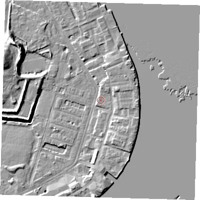 Shaded relief map of the ground around E143DE, computed from Environment Agency LiDAR. The ground here sits at about 3 m above sea level and falls 12 m across the surrounding 800 m. Surface water reaching this point runs off ground lying to the east, 5.0 m higher.