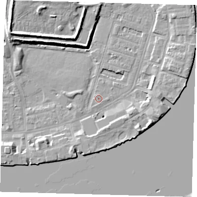 Shaded relief map of the ground around E143DG, computed from Environment Agency LiDAR. The ground here sits at about 2 m above sea level and falls 10 m across the surrounding 800 m. Surface water reaching this point runs off ground lying to the south-south-west, 0.5 m higher.