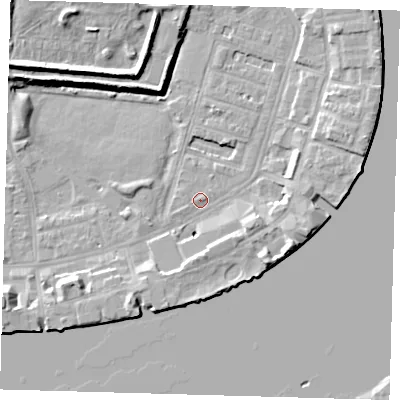 Shaded relief map of the ground around E143DH, computed from Environment Agency LiDAR. The ground here sits at about 2 m above sea level and falls 10 m across the surrounding 800 m. Surface water reaching this point runs off ground lying to the south, 5.1 m higher.